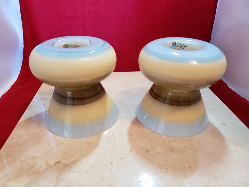 Womar Glass Pair Candle Holders - Blue Cream and Brown Stripped